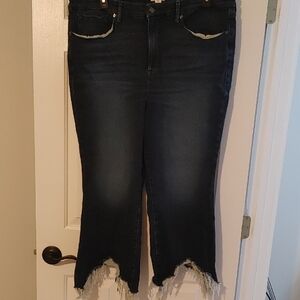 Good American Dark Blue Frayed Hem Jeans Crop Mini Boot Good Legs Size 22